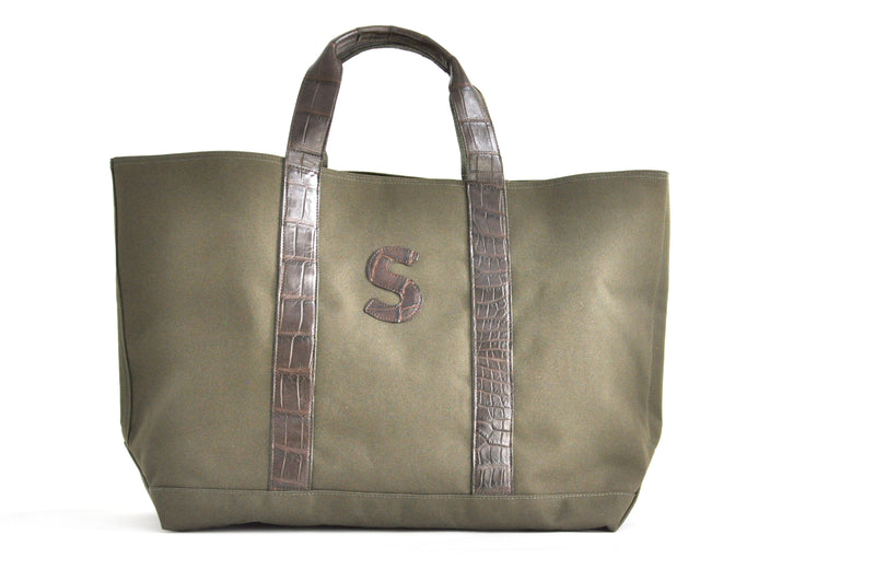 HUNTING TOTE WITH ALLIGATOR HANDLES & ONE ALLIGATOR LETTER - ASSORTED COLORS