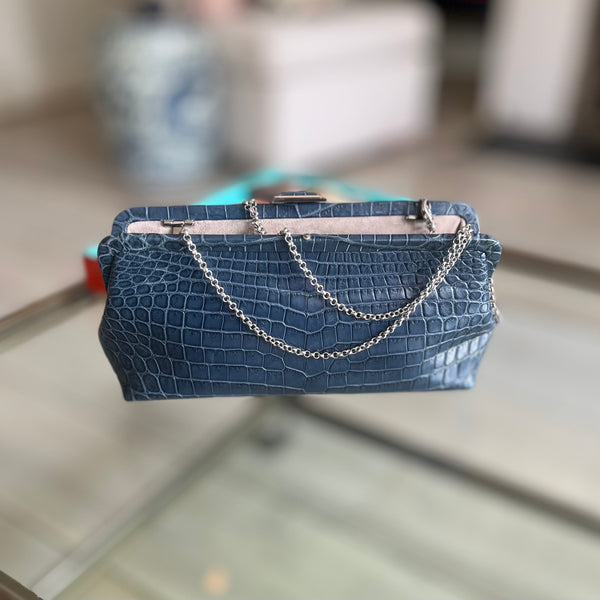CALISTA CLUTCH - BLUE DENIM W/SILVER HARDWARE - IN STOCK NOW