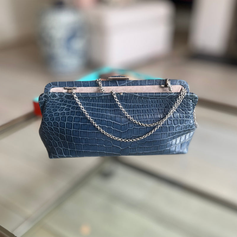 CALISTA CLUTCH - BLUE DENIM W/SILVER HARDWARE - IN STOCK NOW