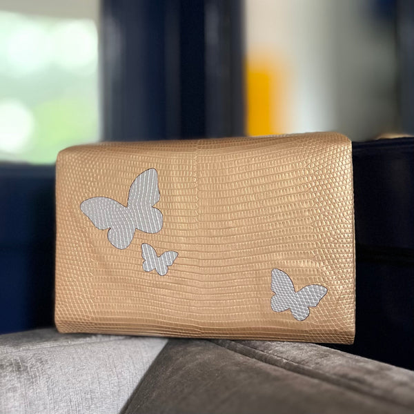 LIBERTY CLUTCH  - GOLD LIZARD W/SILVER BUTTERFLIES - IN STOCK NOW