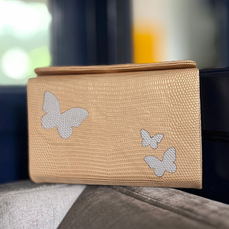 LIBERTY CLUTCH  - GOLD LIZARD W/SILVER BUTTERFLIES - IN STOCK NOW