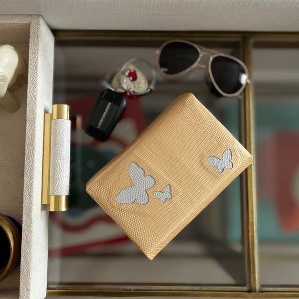 LIBERTY CLUTCH  - GOLD LIZARD W/SILVER BUTTERFLIES - IN STOCK NOW