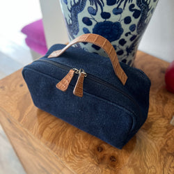 DOPP KIT - DENIM BLUE CANVAS w/ALMOND MATTE ALLIGATOR - IN STOCK NOW