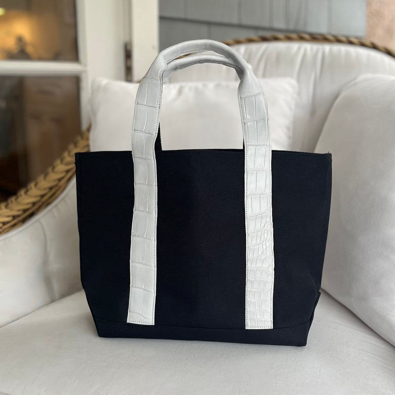 HUNTING TOTE MINI - BLACK CANVAS/WHITE HANDLES - IN STOCK NOW