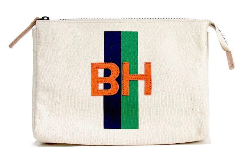 LARGE ACCESSORIES TRAVEL BAG - NAVY/GREEN STRIPE WITH ORANGE ALLIGATOR MONOGRAM